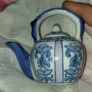 Antique Blue and White Teapot. Hand Painted. Signed By Artist